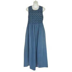 Vintage D. Frank Blue Denim Smocked Sleeveless Prairie Maxi Dress Size 12